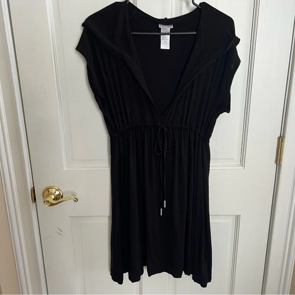 Womens DOTTI Black Hooded Swim CoverUp Drawstring Dress Size XL